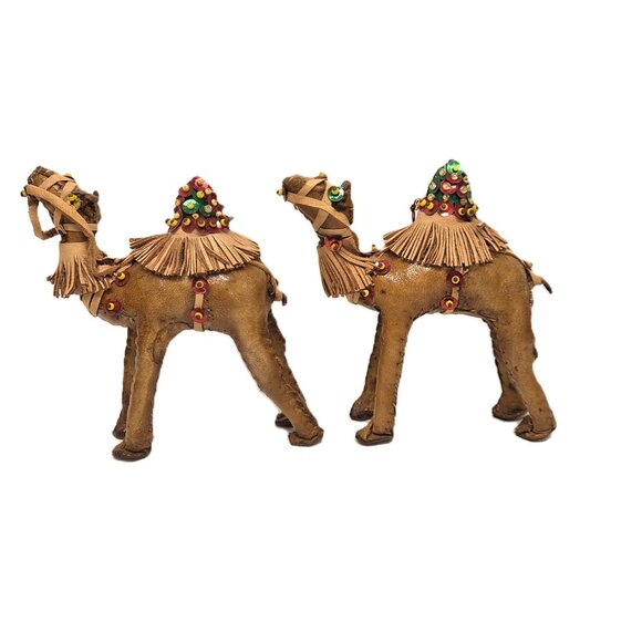 Vtg Leather Camel Ornament Lot x2 4" Handmade Christmas Nativity Figurine - Picture 2 of 9